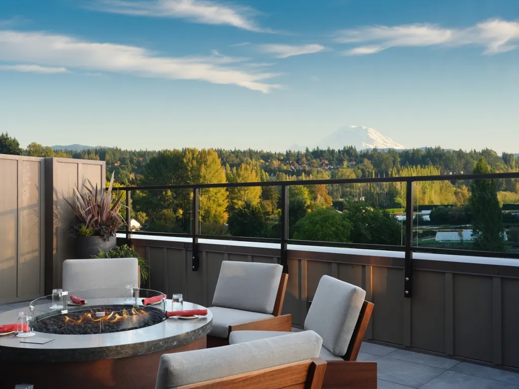 Fire pit seating on The Shed rooftop