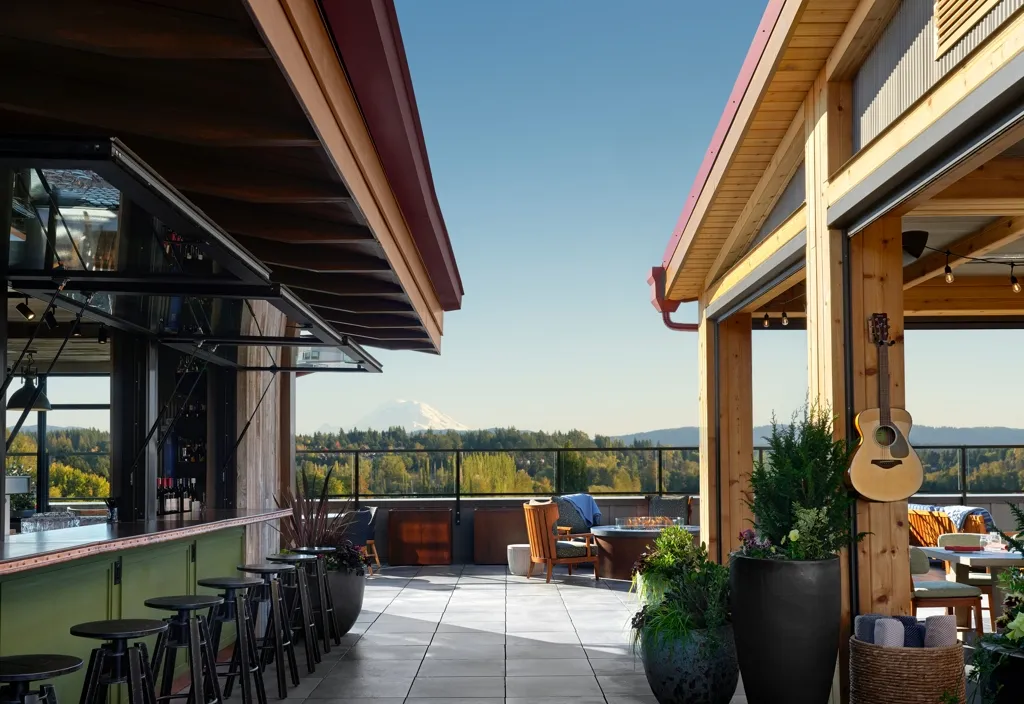 Mount Rainier visible from the bar rail on The Shed rooftop